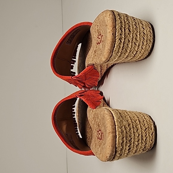 UGG Kendra Wedge Sandals Slides Espadrilles  Suede Leather Fringe Cork Orange 7 - Picture 10 of 16